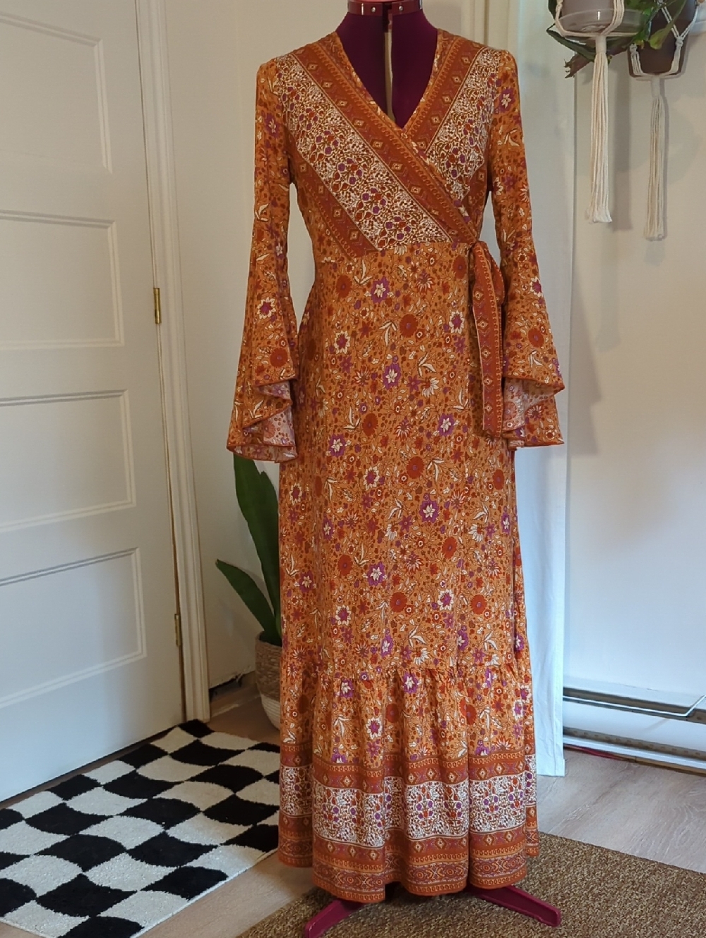 SHEIN Rust Orange Floral Wrap Maxi Dress with Purple Accents / 100 % rayon